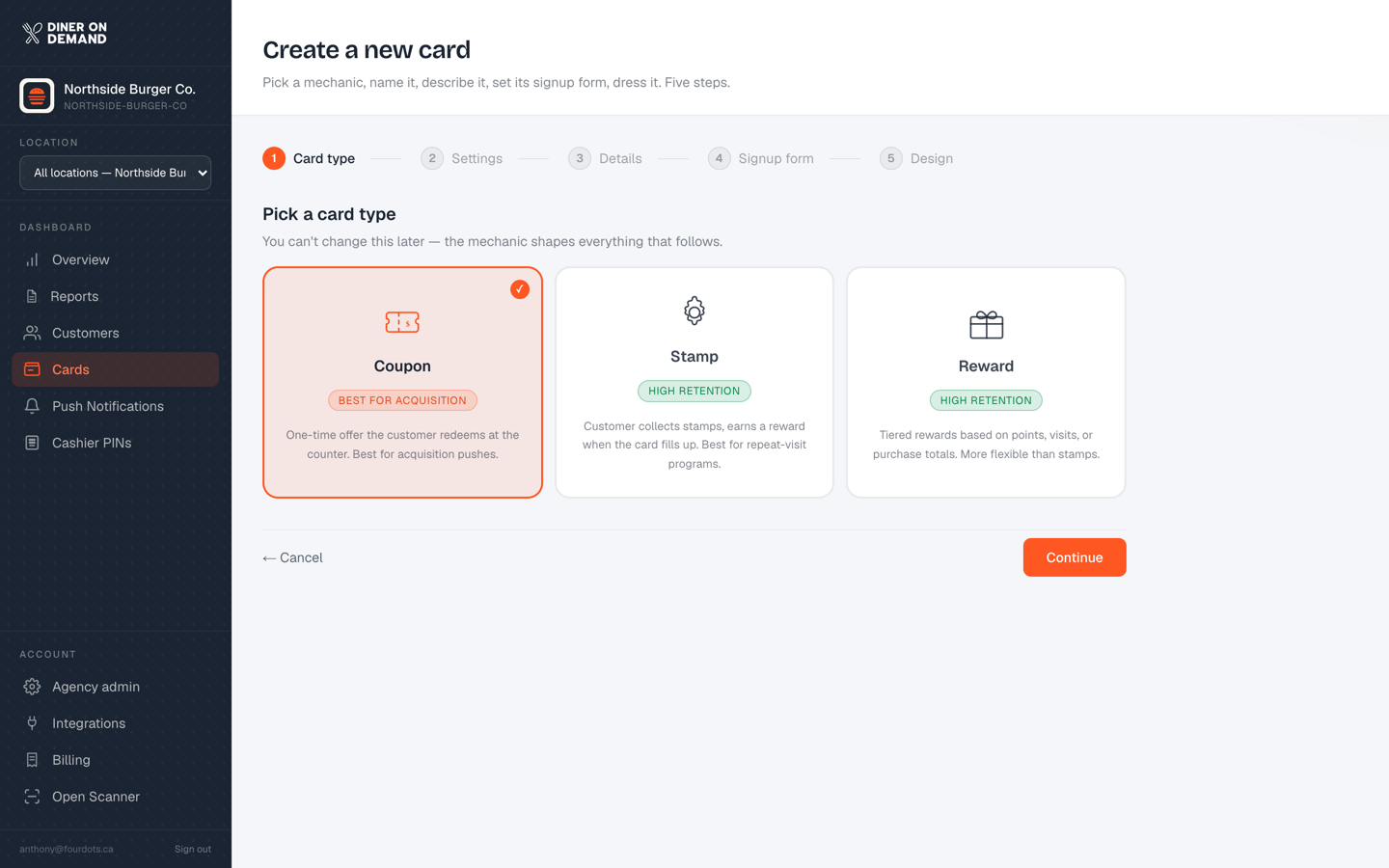 Step 1, choosing a card type