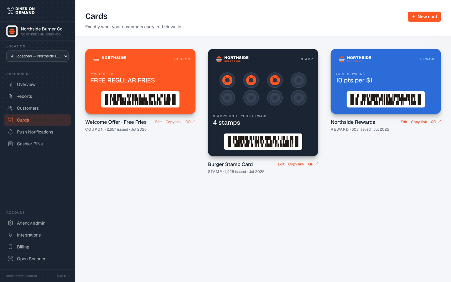 The card gallery with a coupon, a stamp card and a points card