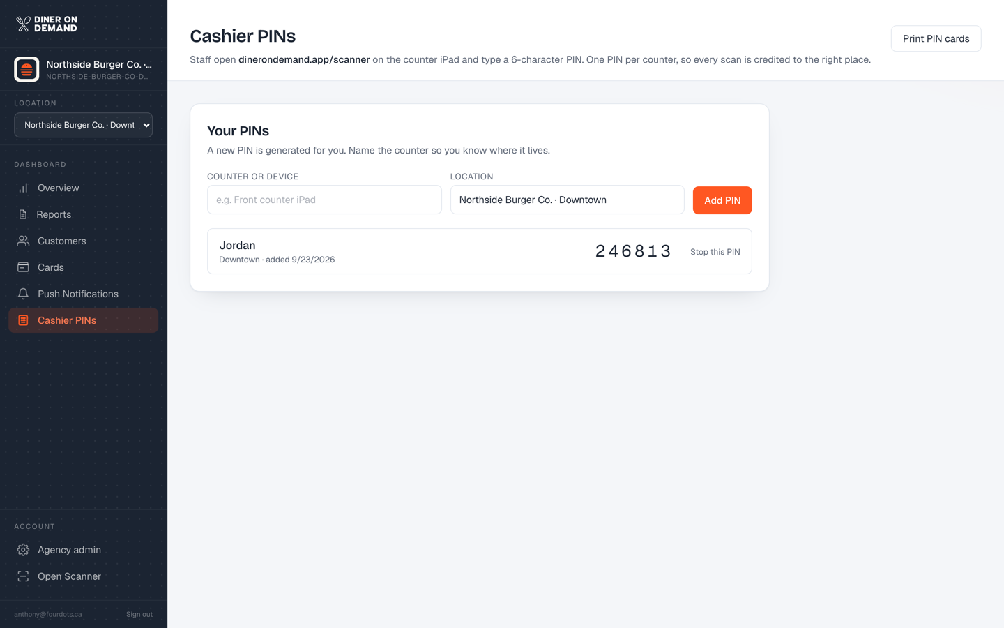 Cashier PINs from a location login