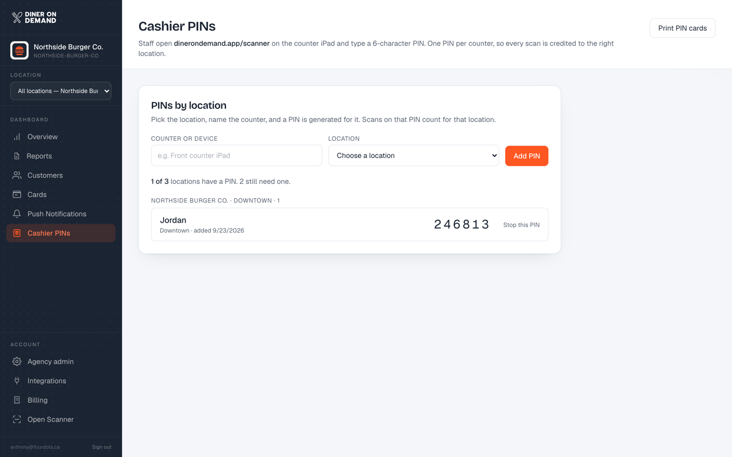 The Cashier PINs page