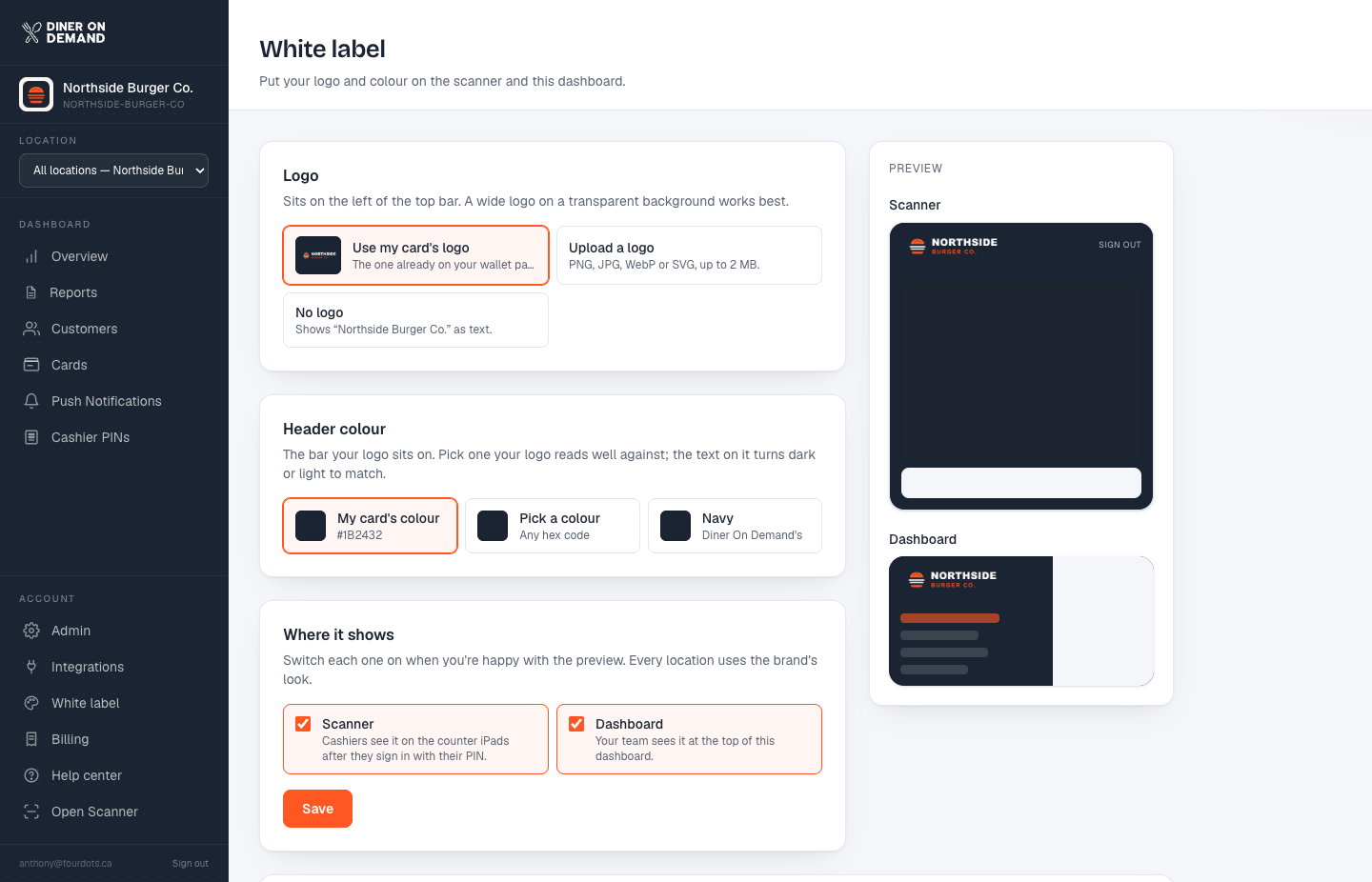 The White label page with the live preview