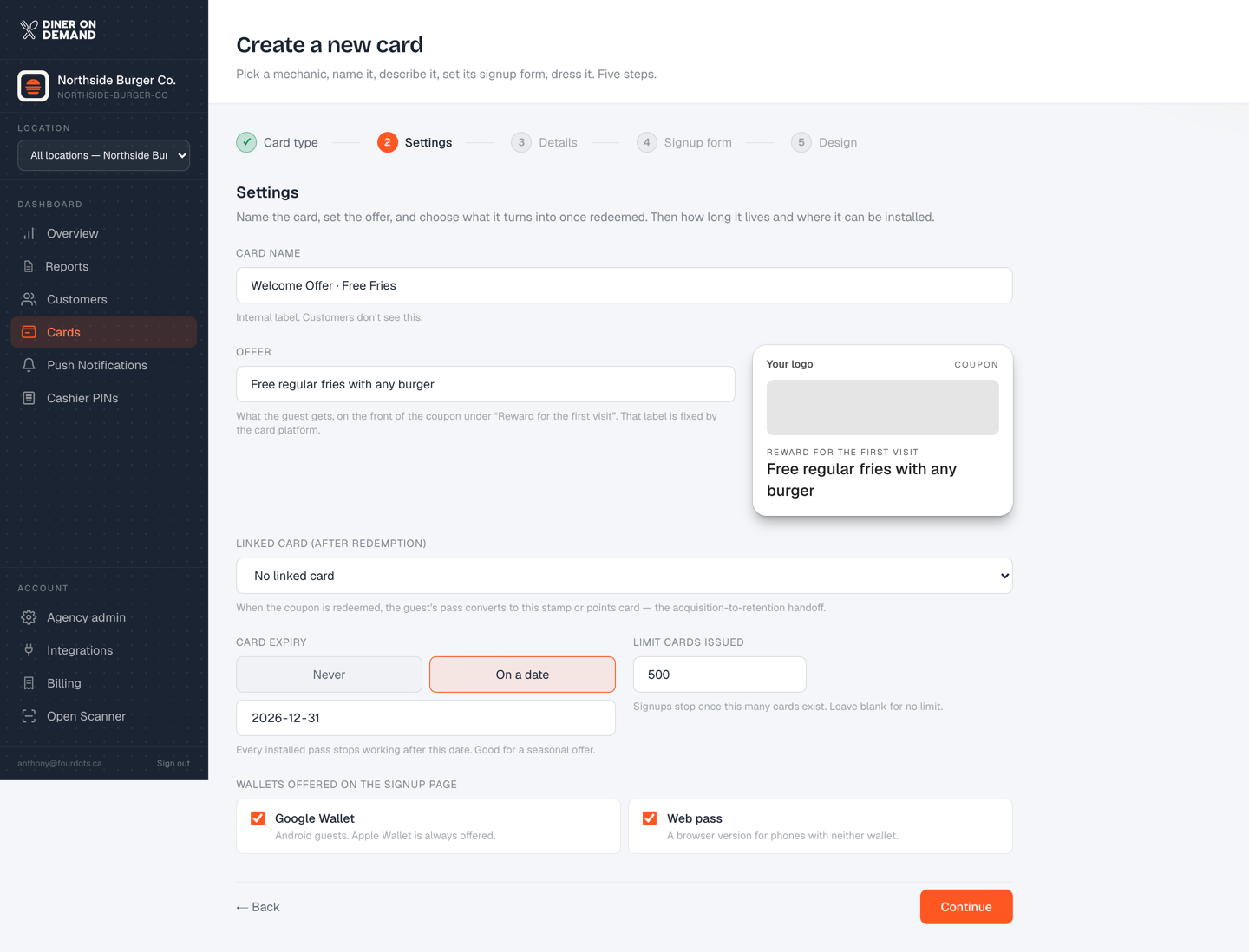 Step 2 with an expiry date and an issue limit set