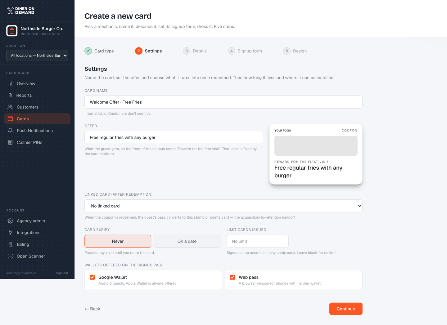 Step 2, settings for a coupon
