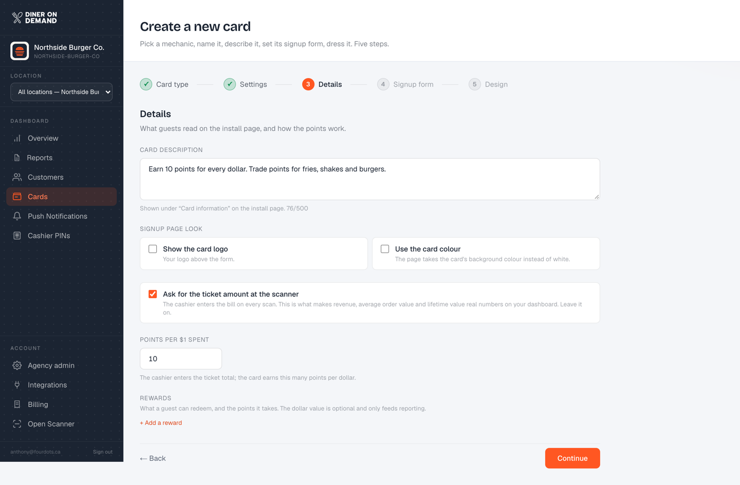Step 3 for a points card, with the earning rate and rewards